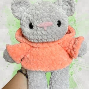 grey bear in a peach hoodie