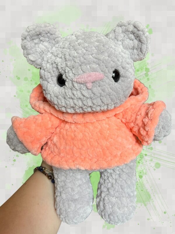 grey bear in a peach hoodie