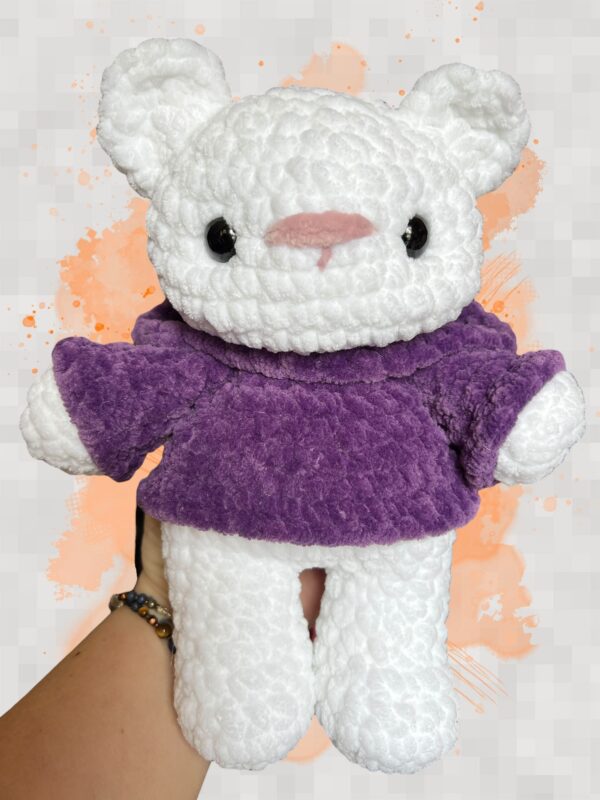 White crochet bear plushie in a purple hoodie - front view no hoodie