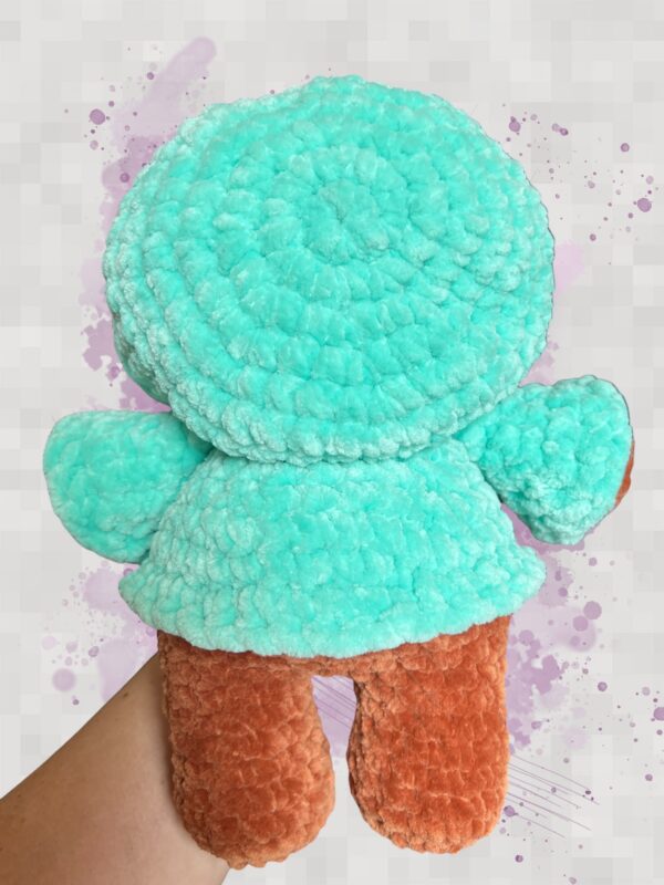 Rust crochet bear plushie in an aquamarine hoodie - back view