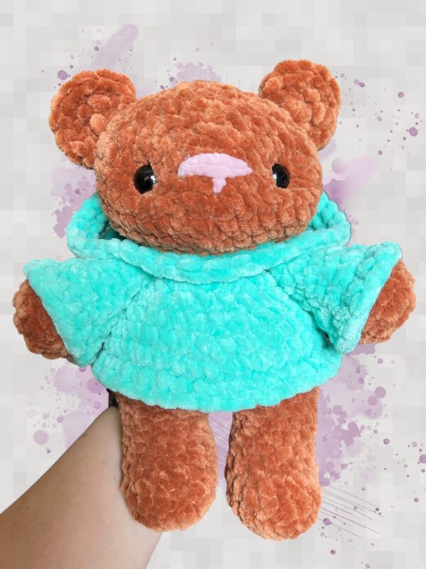 Rust crochet bear plushie in an aquamarine hoodie - front view no hood