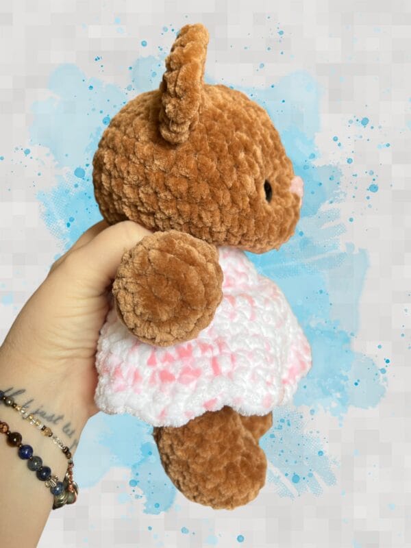 caramel brown bear in a pink & white dress