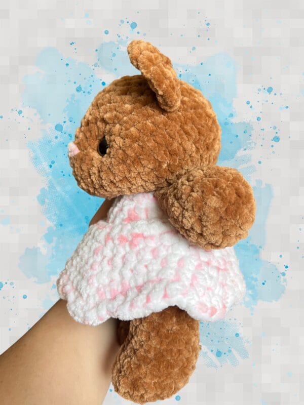 caramel brown bear in a pink & white dress