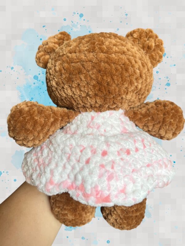 caramel brown bear in a pink & white dress