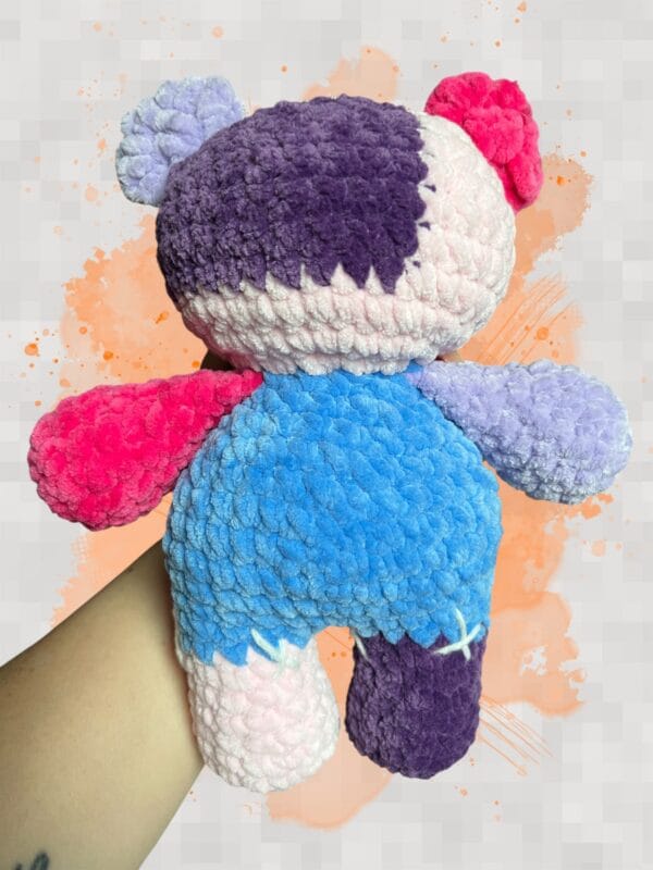 patchwork bear in blue pinks & purples